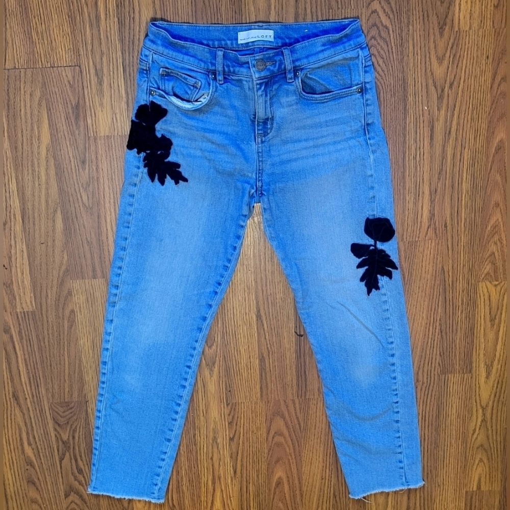 Loft Embroidered Floral Womens Ankle Blue Denim Jeans Waist 25 Size 0